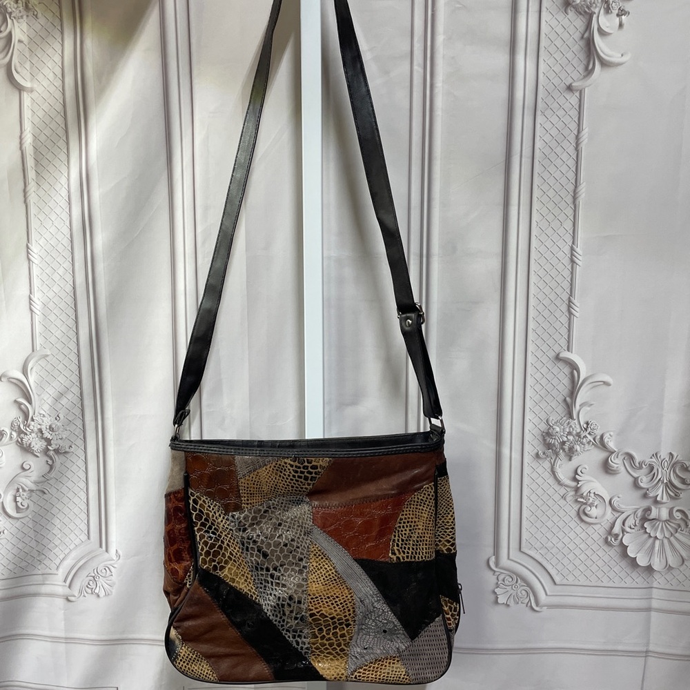 Vintage Leather Animal Print Patchwork Crossbody Zipper Details Y2K 90's